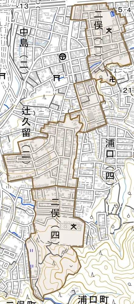 二俣とその周辺の地図。町の範囲を重ねている