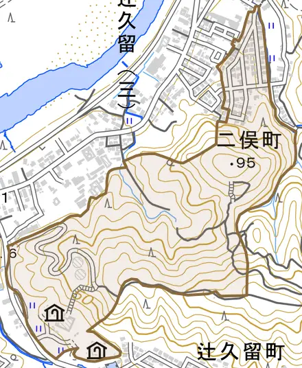 二俣町とその周辺の地図。町の範囲を重ねている