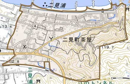二見町茶屋とその周辺の地図。町の範囲を重ねている