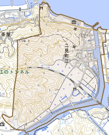 二見町江とその周辺の地図。町の範囲を重ねている
