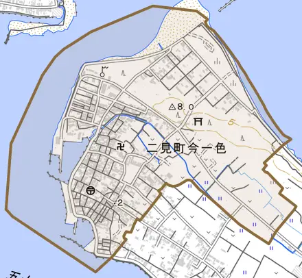 二見町今一色とその周辺の地図。町の範囲を重ねている