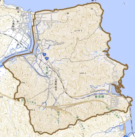 二見町松下とその周辺の地図。町の範囲を重ねている