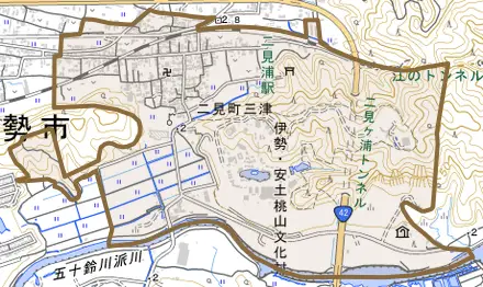 二見町三津とその周辺の地図。町の範囲を重ねている