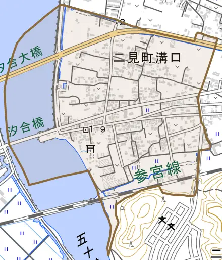 二見町溝口とその周辺の地図。町の範囲を重ねている
