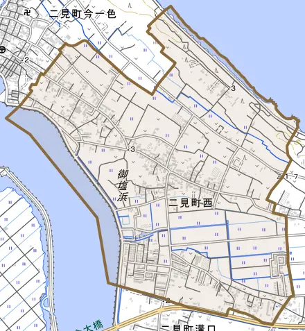 二見町西とその周辺の地図。町の範囲を重ねている