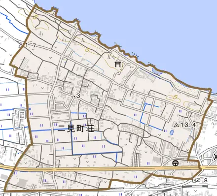 二見町荘とその周辺の地図。町の範囲を重ねている