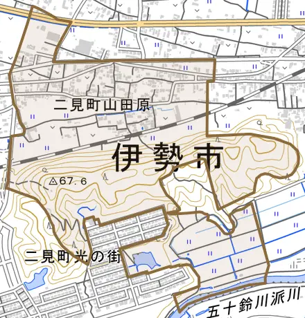 二見町山田原とその周辺の地図。町の範囲を重ねている