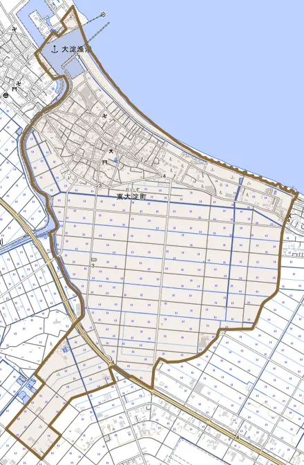 東大淀町とその周辺の地図。町の範囲を重ねている