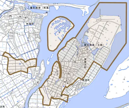 東豊浜町とその周辺の地図。町の範囲を重ねている