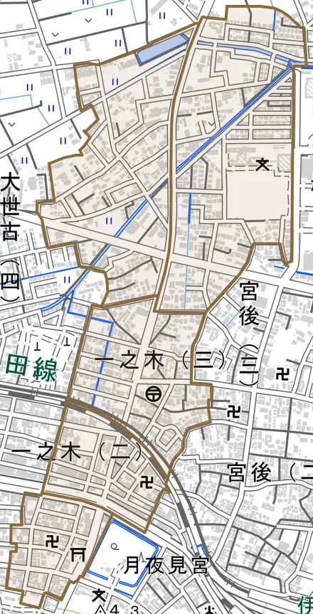 一之木とその周辺の地図。町の範囲を重ねている