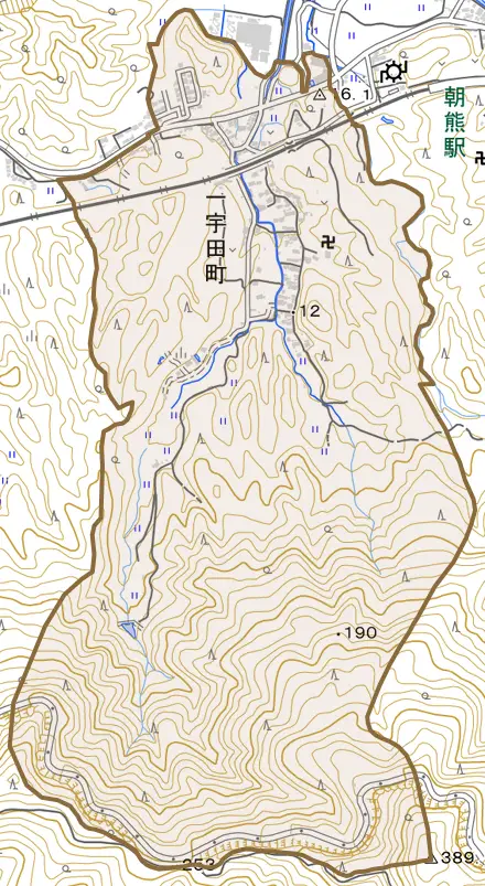 一宇田町とその周辺の地図。町の範囲を重ねている
