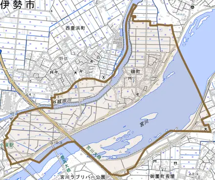 磯町とその周辺の地図。町の範囲を重ねている
