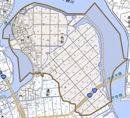 一色町とその周辺の地図。町の範囲を重ねている