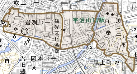 岩渕とその周辺の地図。町の範囲を重ねている
