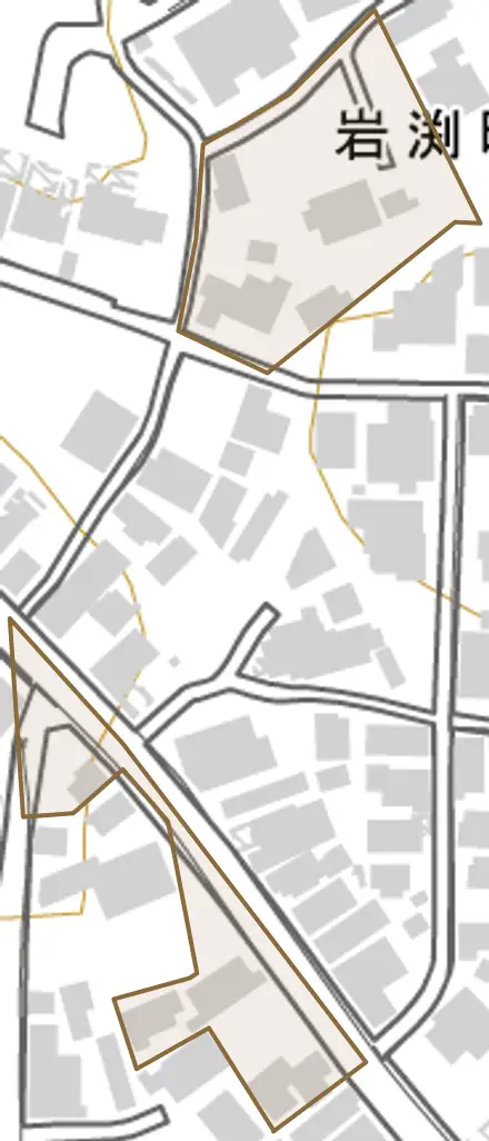 岩渕町とその周辺の地図。町の範囲を重ねている