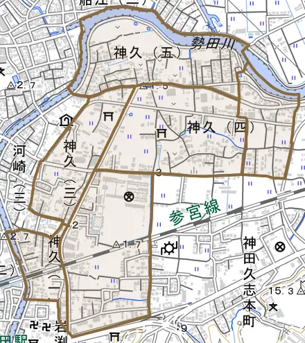 神久とその周辺の地図。町の範囲を重ねている
