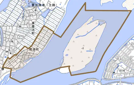 樫原町とその周辺の地図。町の範囲を重ねている