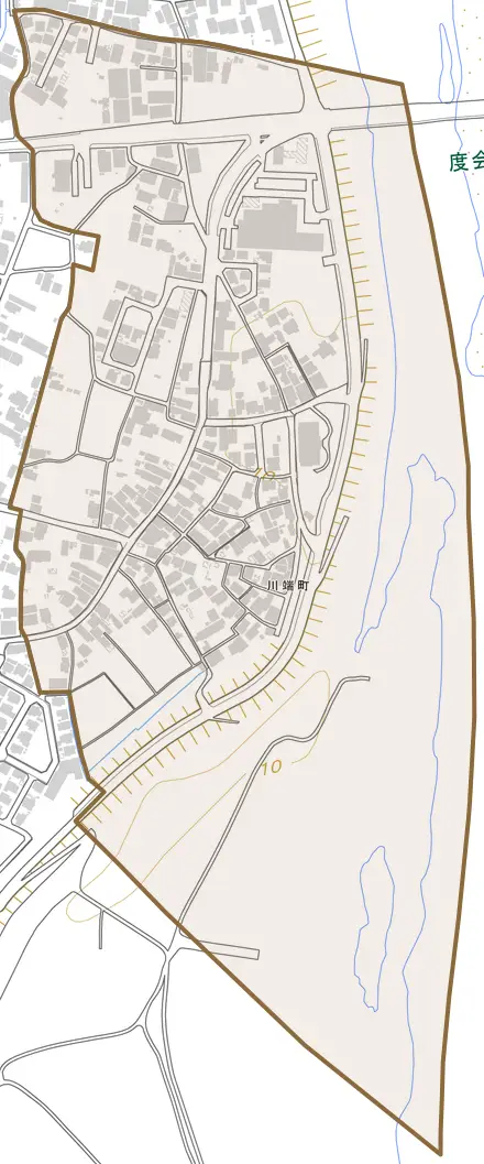 川端町とその周辺の地図。町の範囲を重ねている