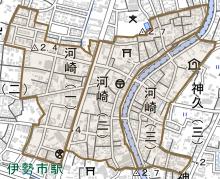河崎とその周辺の地図。町の範囲を重ねている