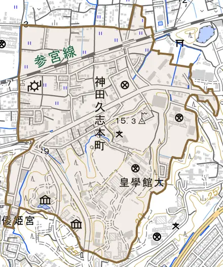 神田久志本町とその周辺の地図。町の範囲を重ねている