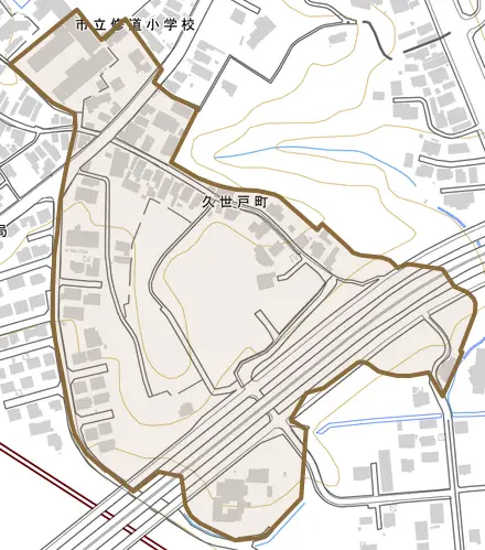 久世戸町とその周辺の地図。町の範囲を重ねている