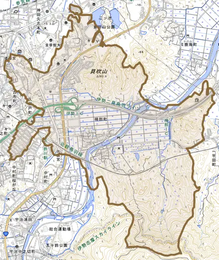 楠部町とその周辺の地図。町の範囲を重ねている