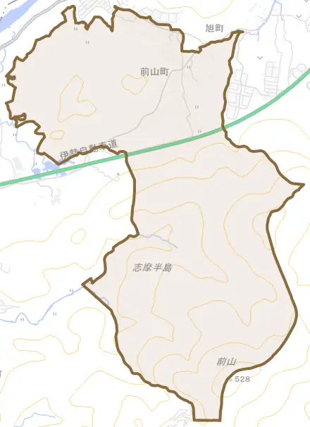 前山町とその周辺の地図。町の範囲を重ねている