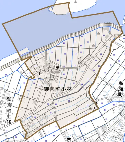御薗町小林とその周辺の地図。町の範囲を重ねている