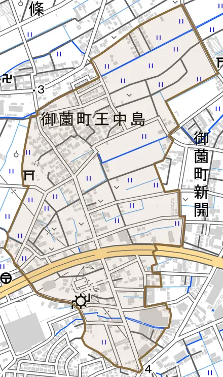 御薗町王中島とその周辺の地図。町の範囲を重ねている