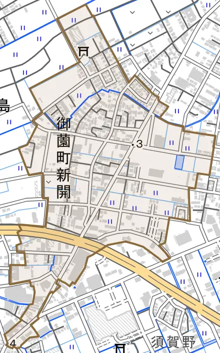 御薗町新開とその周辺の地図。町の範囲を重ねている