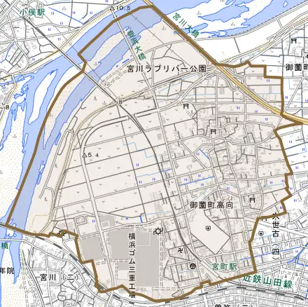 御薗町高向とその周辺の地図。町の範囲を重ねている