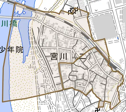 宮川とその周辺の地図。町の範囲を重ねている