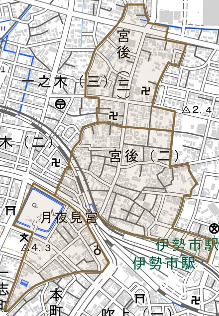 宮後とその周辺の地図。町の範囲を重ねている