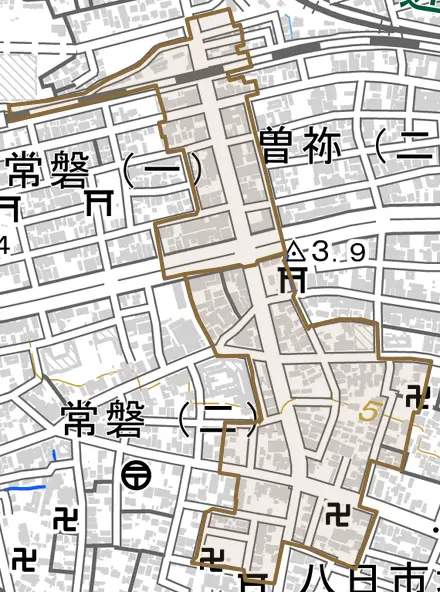 宮町とその周辺の地図。町の範囲を重ねている
