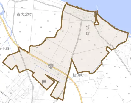 村松町とその周辺の地図。町の範囲を重ねている