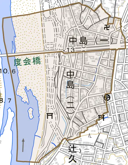 中島とその周辺の地図。町の範囲を重ねている