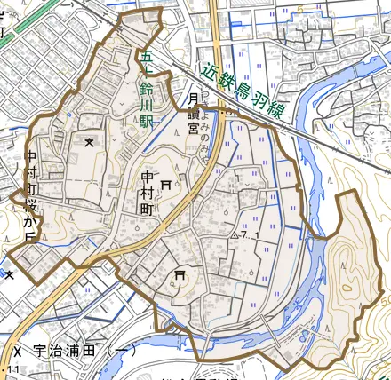 中村町とその周辺の地図。町の範囲を重ねている