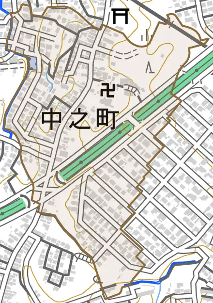 中之町とその周辺の地図。町の範囲を重ねている