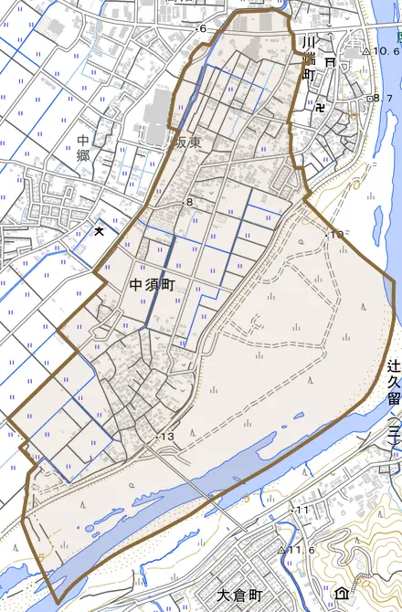 中須町とその周辺の地図。町の範囲を重ねている