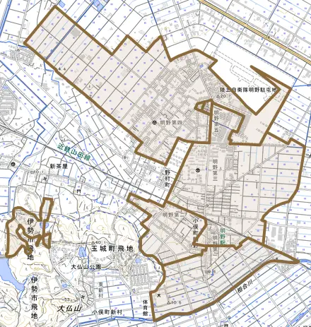 小俣町明野とその周辺の地図。町の範囲を重ねている