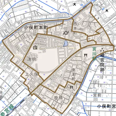 小俣町本町とその周辺の地図。町の範囲を重ねている