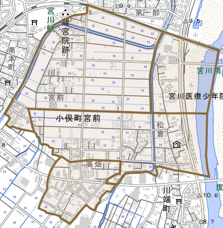 小俣町宮前とその周辺の地図。町の範囲を重ねている
