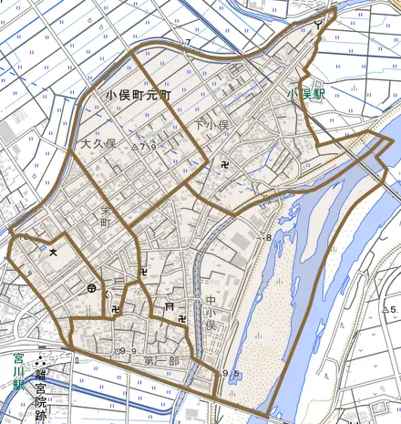 小俣町元町とその周辺の地図。町の範囲を重ねている