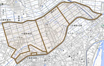 小俣町相合とその周辺の地図。町の範囲を重ねている