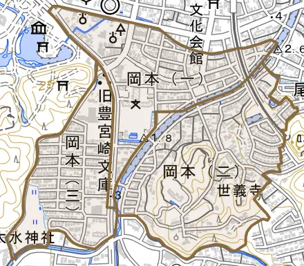岡本とその周辺の地図。町の範囲を重ねている