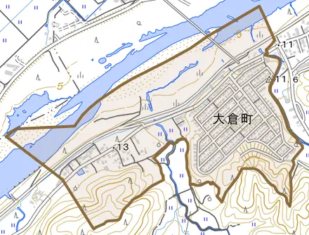 大倉町とその周辺の地図。町の範囲を重ねている
