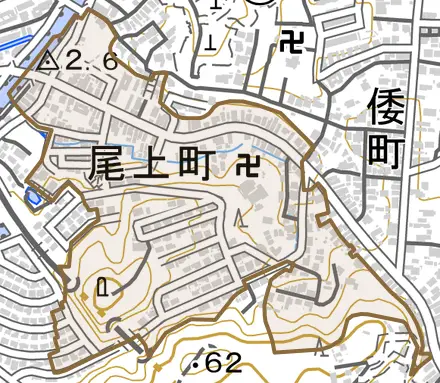 尾上町とその周辺の地図。町の範囲を重ねている