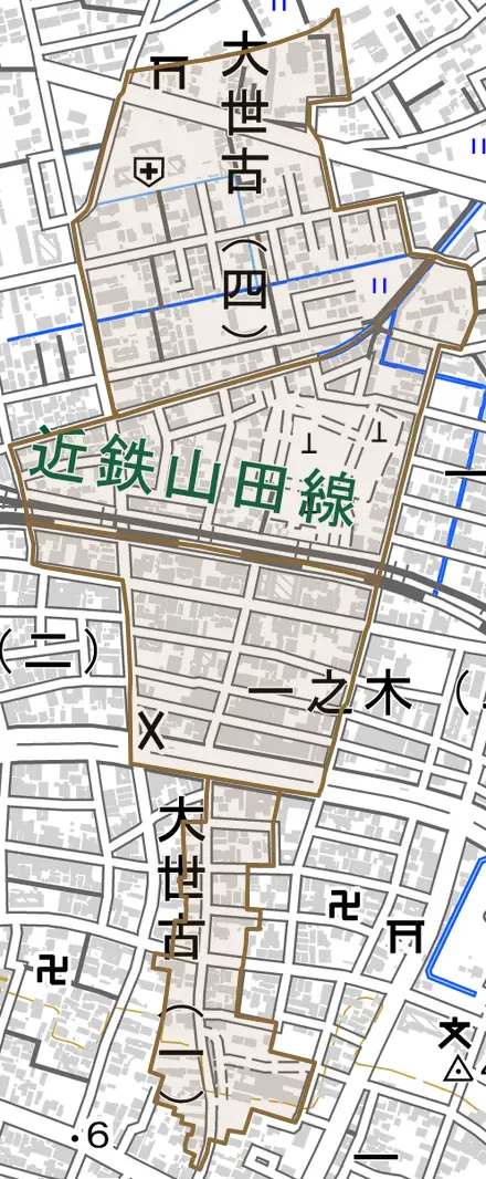大世古とその周辺の地図。町の範囲を重ねている