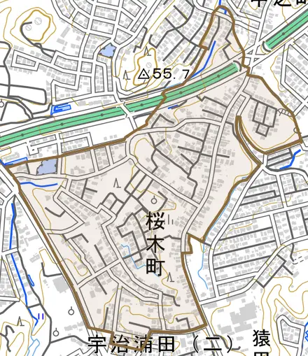 桜木町とその周辺の地図。町の範囲を重ねている