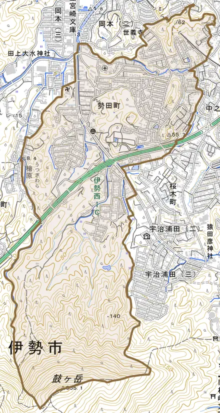 勢田町とその周辺の地図。町の範囲を重ねている